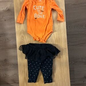 Baby Halloween Orange Long Sleeve Onesie and Black Polka Dot Pants Set